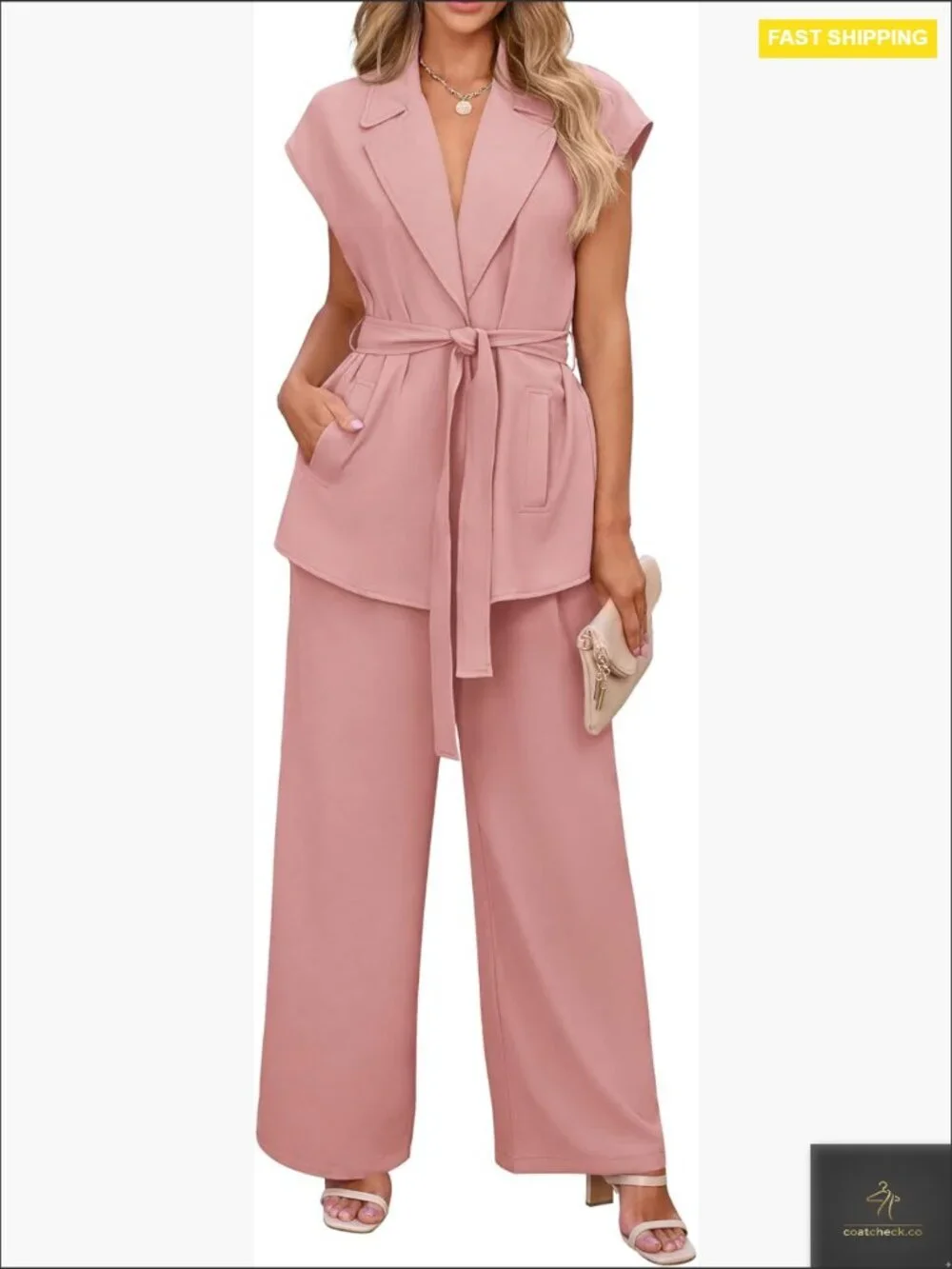 Cap Sleeve V Neck Blazer Vest Wide Leg Pant Set 2 Piece Business Work Outfit